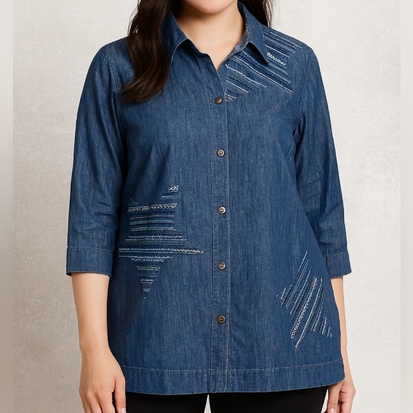 City Blues Tops - City Blue Chambray Embroidered Patriotic Stars Shirt Blue 18W